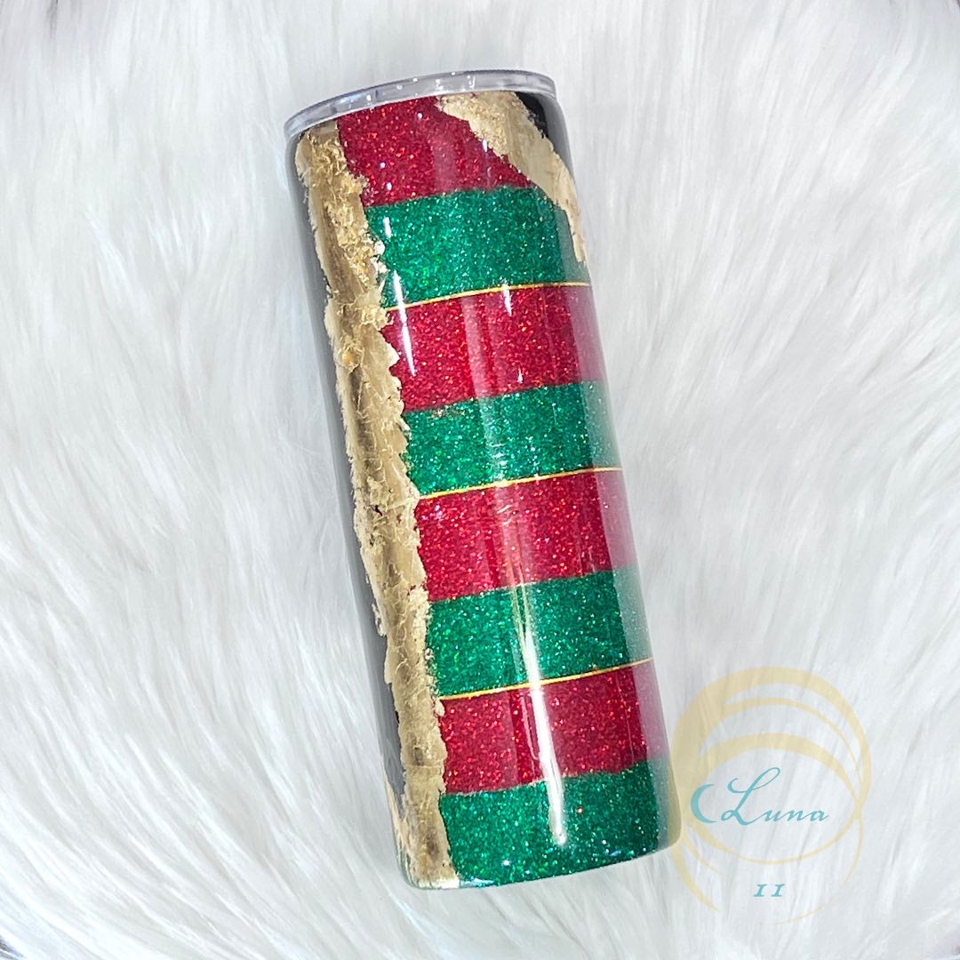 Gold Foil Red and Green Striped Tumbler